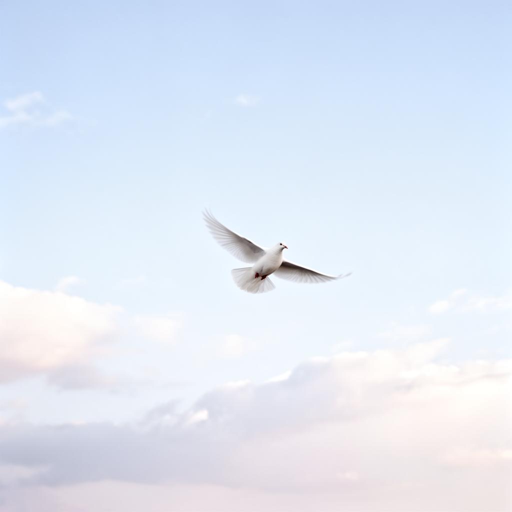 Single white dove flying gently through a soft pastel sky